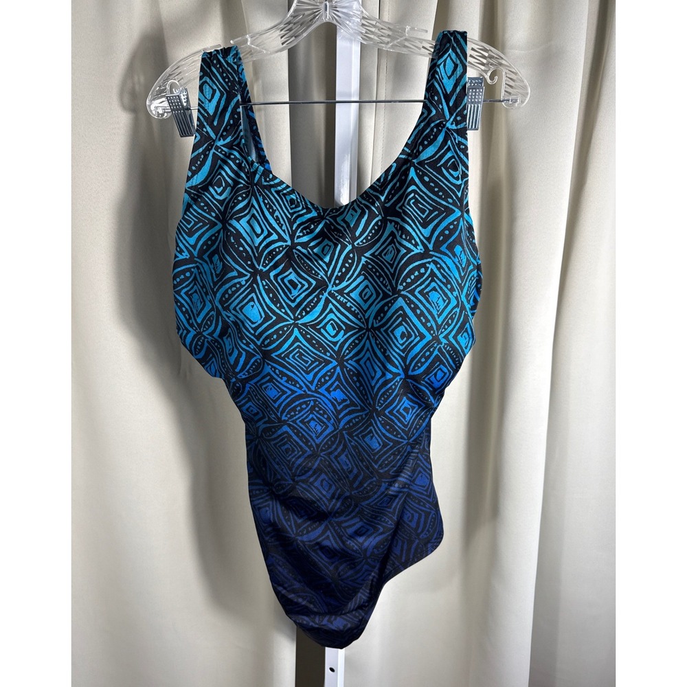 Blue Black Tribal Geometric Ombre One Piece Swimsuit Plus Size 24W Tummy Control